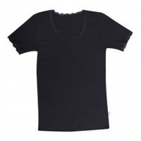 Cecile wollen t-shirt korte mouw, zwart met kant